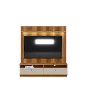 Conjunto Rack com Painel Catalunha - 1.80m - MDP/MDF - Painel Ripado, 2 Gavetas e Puxadores em Couro - Para TV até 75”