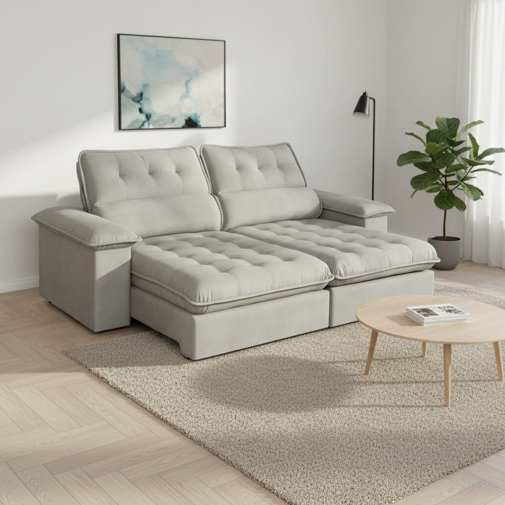 Sofá Retrátil e Reclinável 5 Lugares Vezzo Astro 2.50m - Molas Ensacadas - Veludo Cinza Luxo - Pillow Top 0.14m