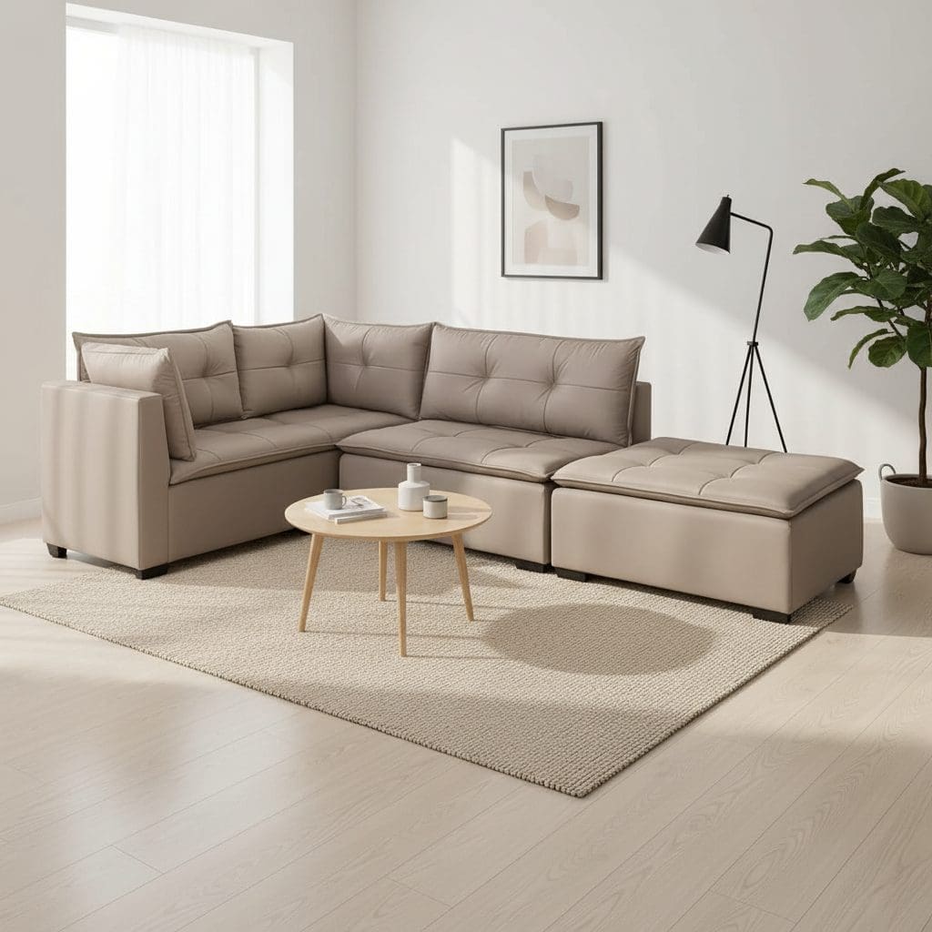 Sofá de Canto com Puff 5 Lugares Vezzo Reverse – Veludo Bege – 1,88 m