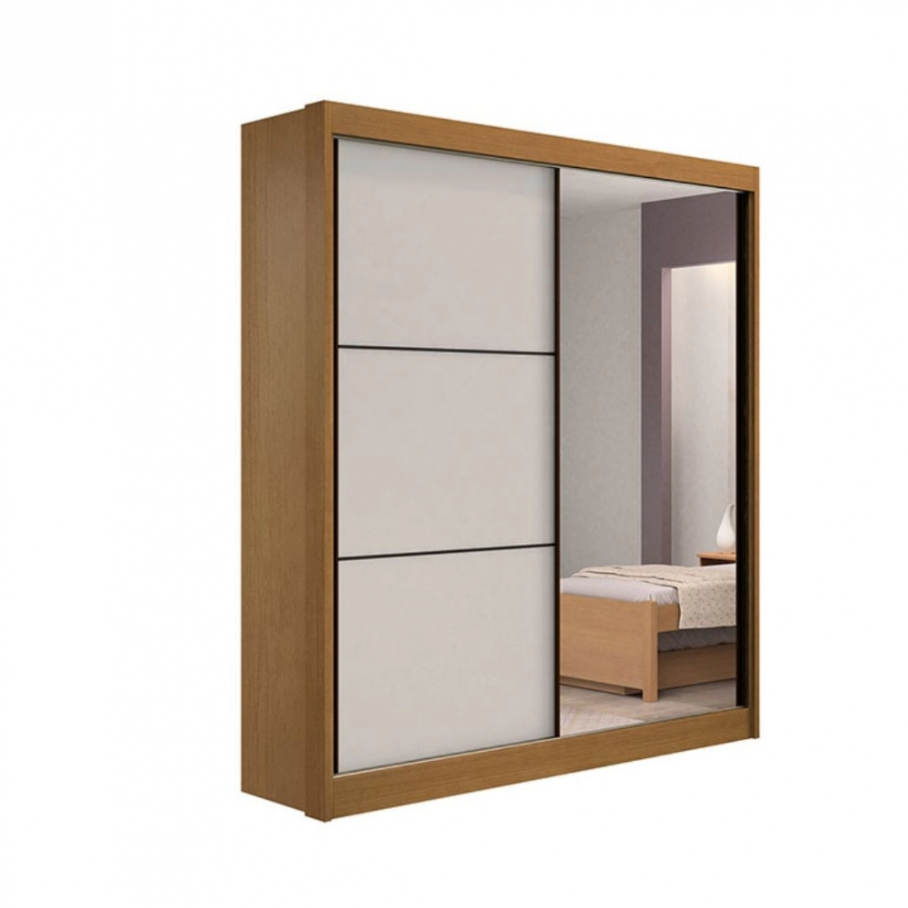 Guarda-Roupa Casal Athenas – 2 Portas de Correr, 3 Gavetas, 100% MDF, com Espelho – Cinamomo/Off White – 1,85 m