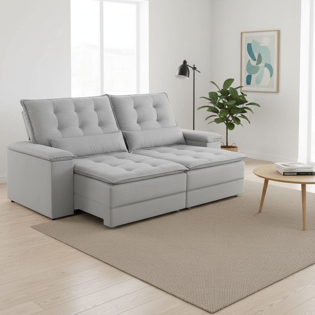 Sofá Retrátil e Reclinável Coral - 2.50m - Espuma D28 Certificada e Estrutura Reforçada - Linho Gelo