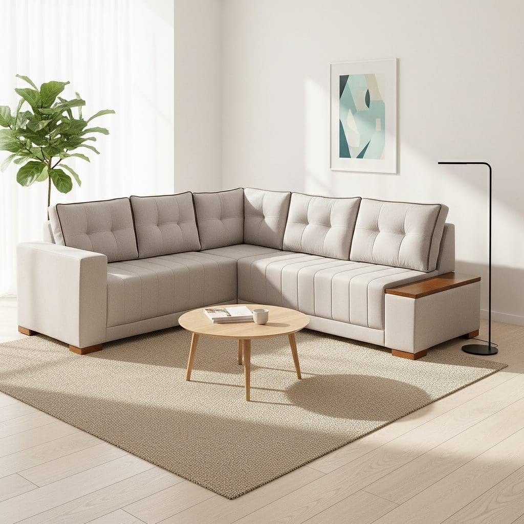 Sofá de Canto Agnes 2.36m - Estrutura de Madeira Reflorestada, Espuma D28 e Pés Imbuia Mel