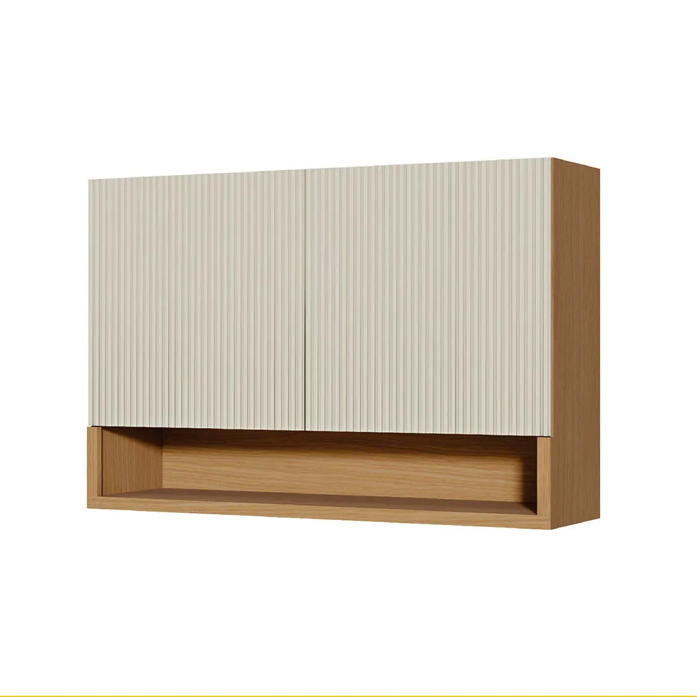 Armário Aéreo Simone Mendes 2 Portas 1.20m - Carvalho/Greige, Ripado em 100% MDF