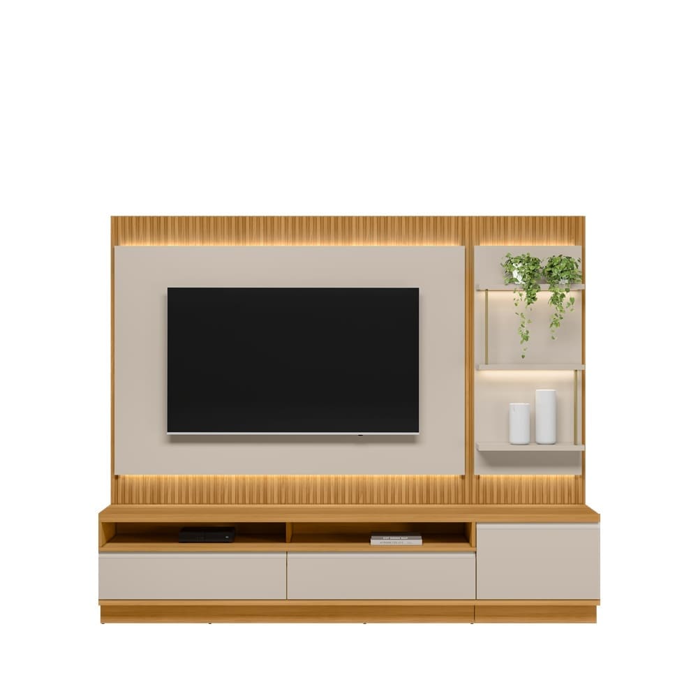 Conjunto Rack + Painel + 1 Módulo Lateral Baeza 2.38m para TV até 70” - MDP/MDF com Painel Ripado e LED