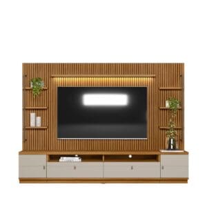 Conjunto Rack + Painel + 2 Módulos Laterais Catalunha 2.68m para TV até 75” - MDP/MDF, Painel Ripado e LED