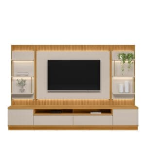 Conjunto Rack + Painel + 2 Módulos Laterais Baeza 2.97m para TV até 70” - Painel Ripado com LED em MDP/MDF