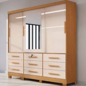 Guarda-Roupa Casal Athenas - 3 Portas de Correr - 9 Gavetas - Nature com Off White– 1.80m - Com Espelho