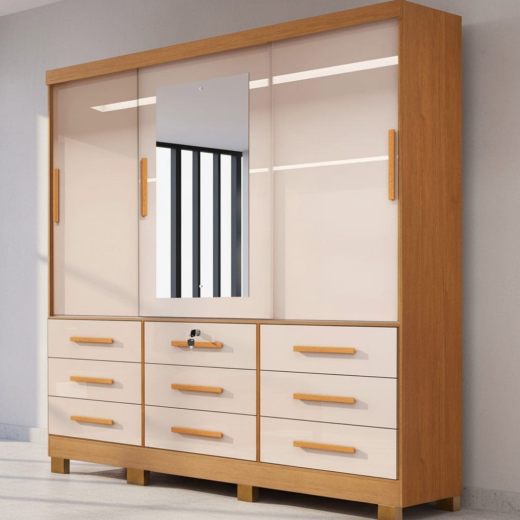 Guarda-Roupa Casal Athenas - 3 Portas de Correr - 9 Gavetas - Nature com Off White– 1.80m - Com Espelho