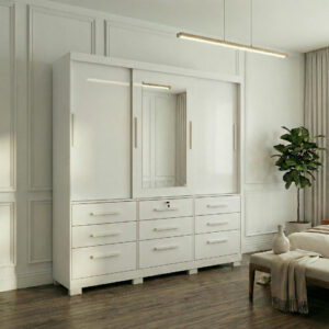 Guarda-Roupa Casal Athenas - 3 Portas de Correr - 9 Gavetas - 1.80m - Com Espelho - Branco