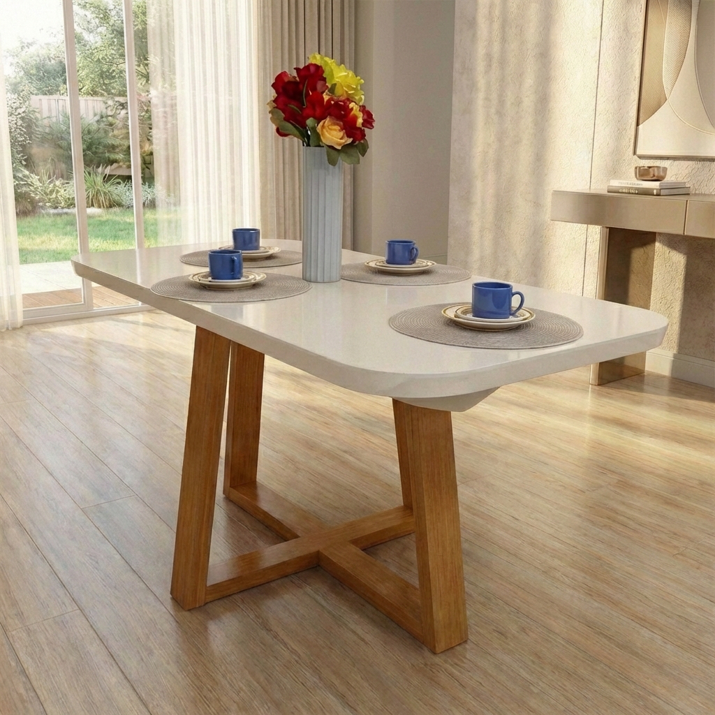 Mesa de Jantar Retangular - Tampo de MDF com Vidro - Base Naturale e Tampo Off White - 1.60m - Vezzo Coimbra
