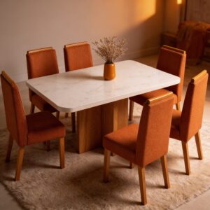 Mesa de jantar marmorizada Dallas 1.80mcom 6 cadeiras de Boucle Terracota