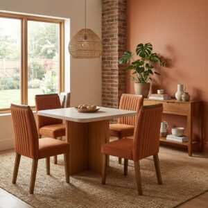 Mesa de jantar marmorizada Dallas 0.90mcom 4 cadeiras de Boucle Terracota