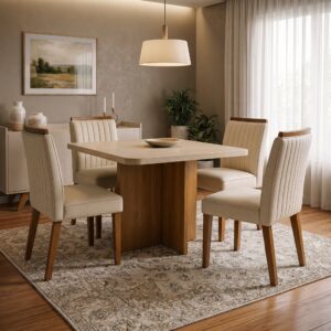 Mesa de jantar marmorizada Dallas 0.90mcom 4 cadeiras de Boucle Branco