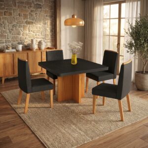 Mesa de jantar marmorizada Texas 0.90mcom 4 cadeiras de couro preto