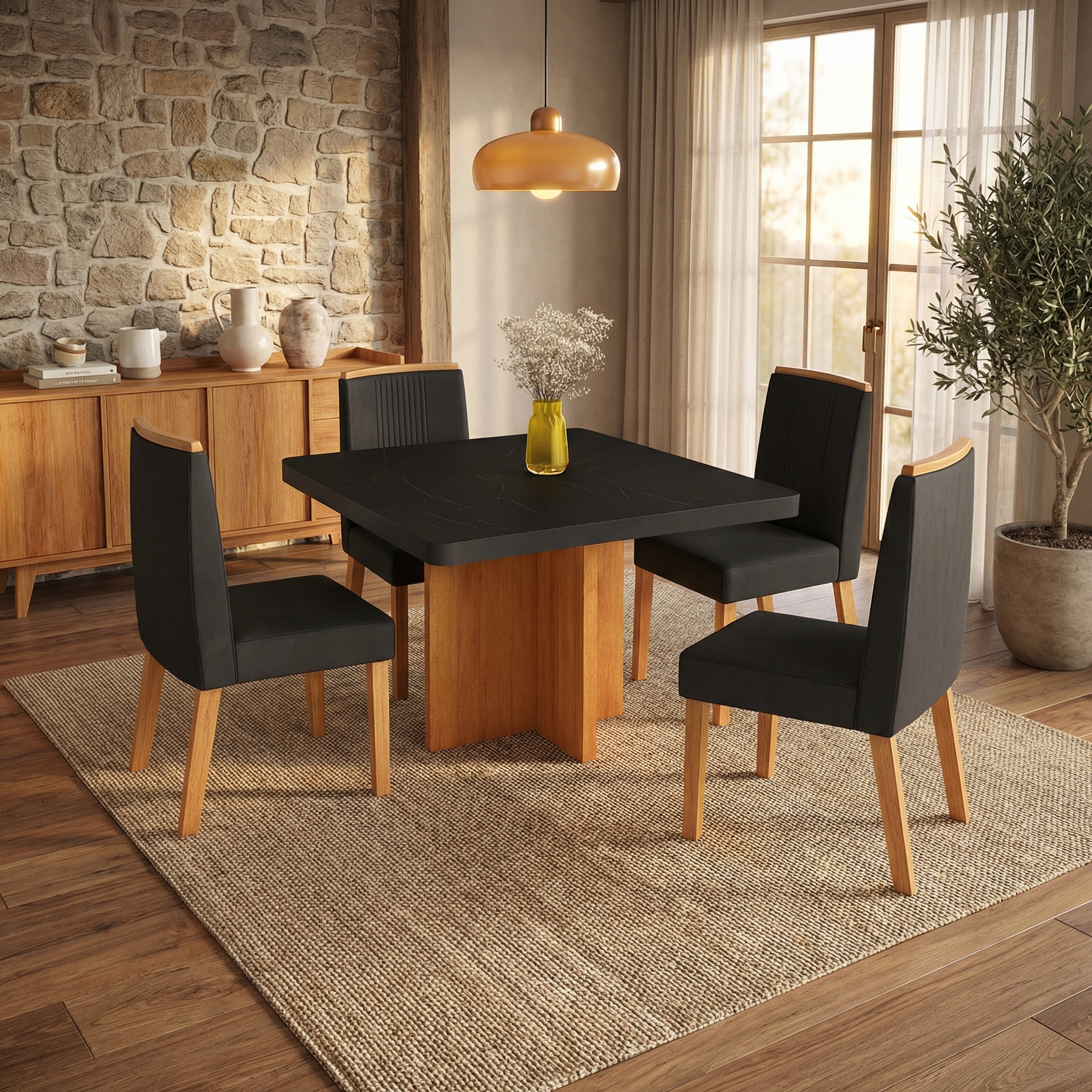 Mesa de jantar marmorizada Texas 0.90mcom 4 cadeiras de couro preto