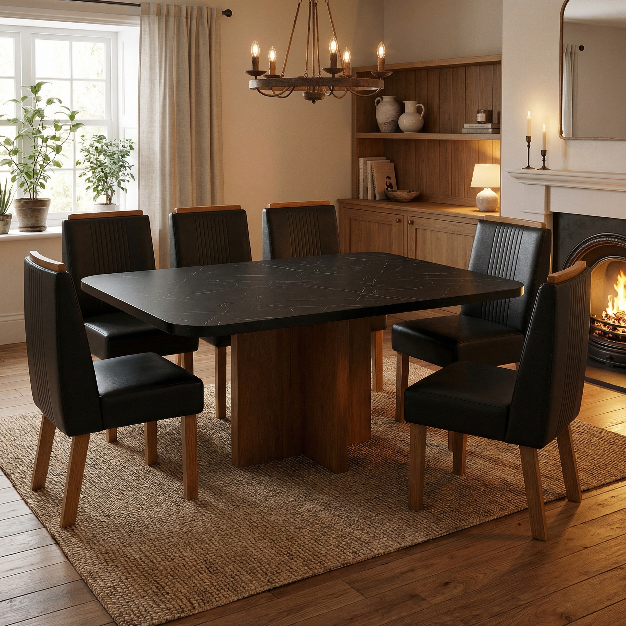 Mesa de jantar marmorizada Texas 1.80mcom 6 cadeiras de couro preto