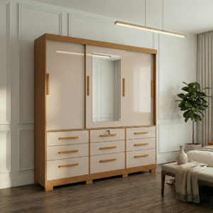 Guarda-Roupa Casal Athenas - 3 Portas de Correr - 9 Gavetas - Nature com Off White– 1.80m - Com Espelho