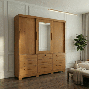 Guarda-Roupa Casal Athenas - 3 Portas de Correr - 9 Gavetas - 1.80m - Com Espelho - Nature