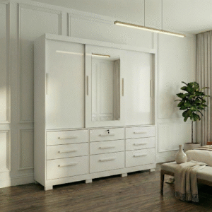 Guarda-Roupa Casal Athenas - 3 Portas de Correr - 9 Gavetas - 1.80m - Com Espelho - Branco